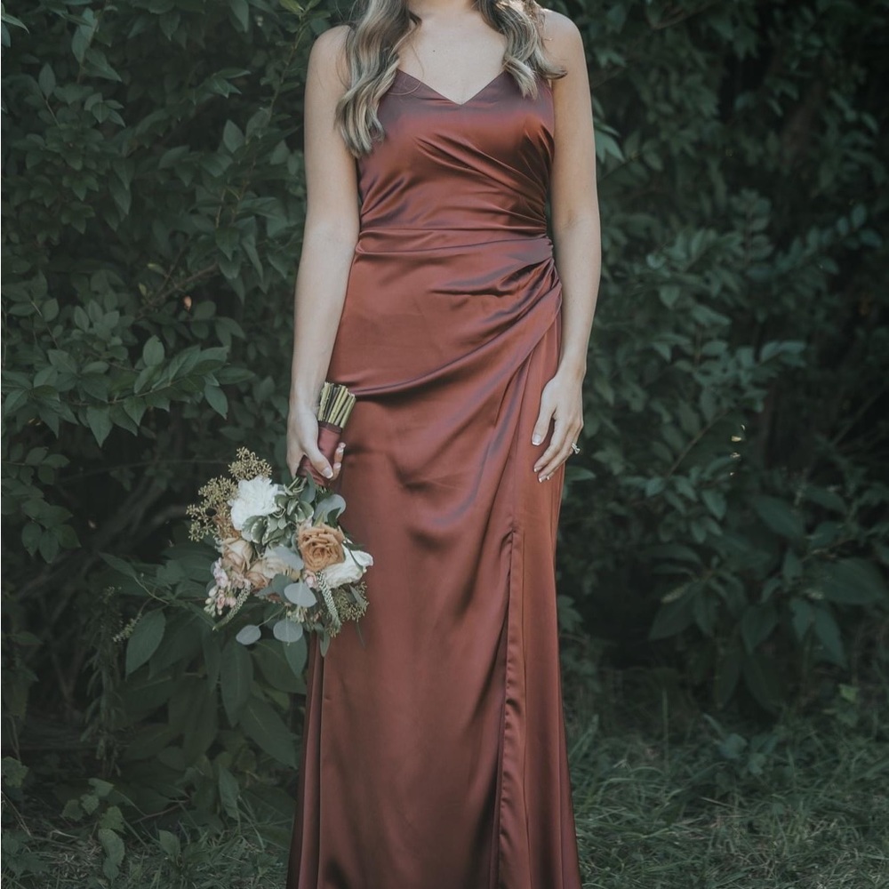 Revelry Rory Satin bridesmaid dress in cinnamon rose